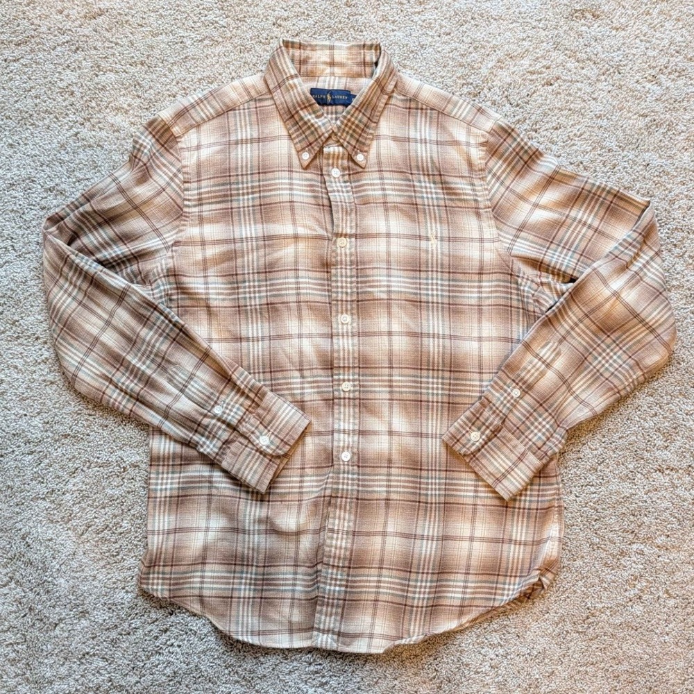 Polo Ralph Lauren Plaid Flannel Shirt Mens XL Brown Tan Button Down Cotton